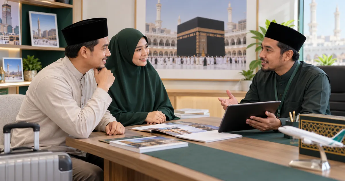 Pasangan jamaah berkonsultasi dengan petugas travel umrah