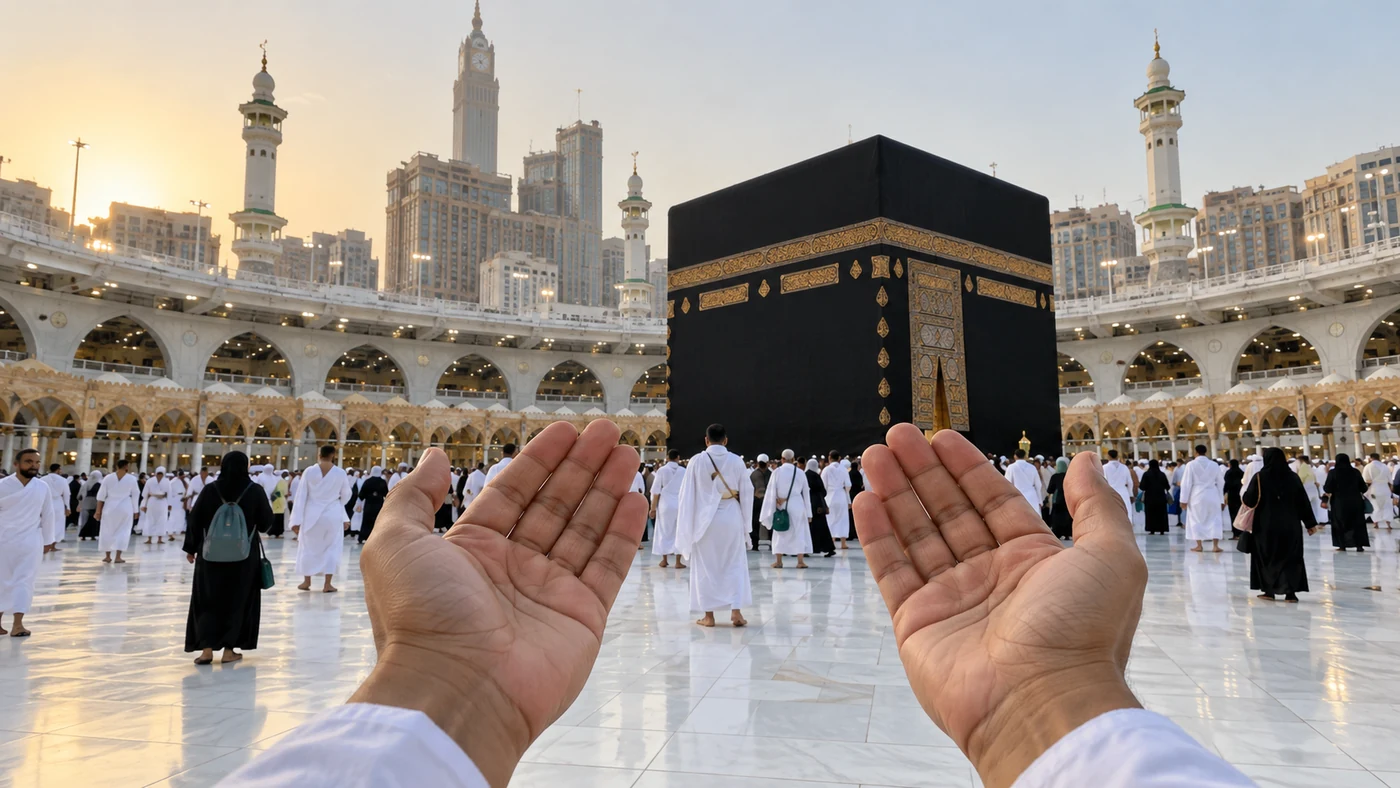 Perspektif jamaah mengangkat kedua tangan untuk berdoa di hadapan Ka'bah.